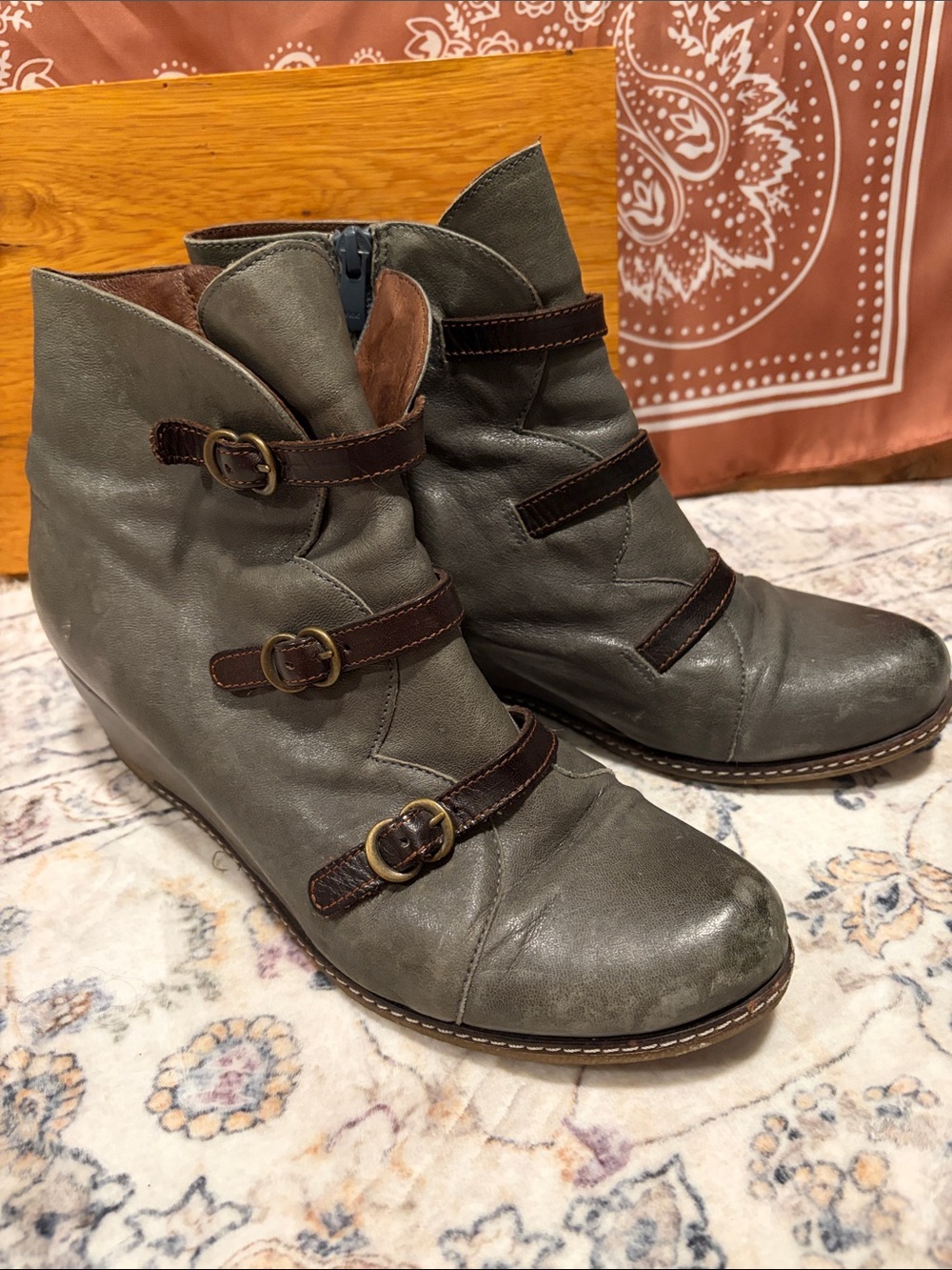 Eric Michael Gray Leather Ankle Boots with Brown Strap Buckles